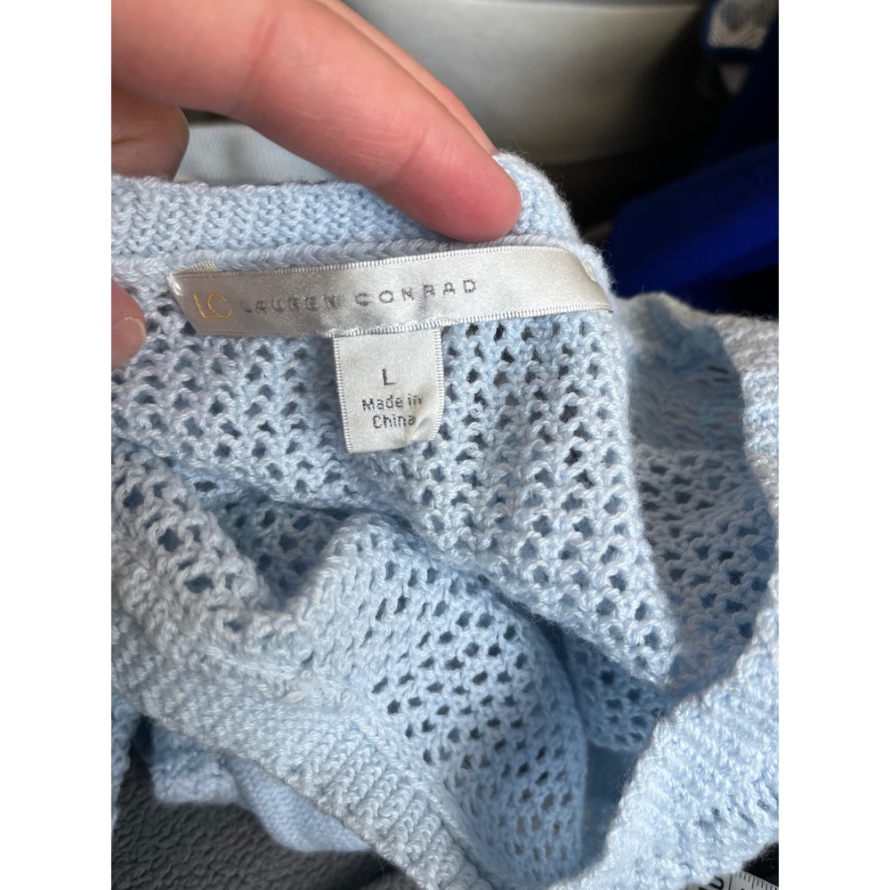LC Lauren Conrad Womens Blue Cold Shoulder Open Knit Ruffle Sweater Large - Picture 2 of 5